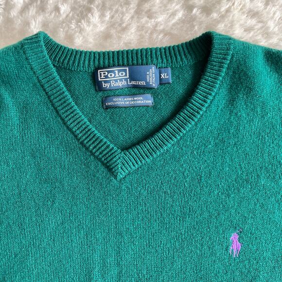 Polo Ralph Lauren | Green Lambswool V-Neck Oversized Sweater | Men's Size XL - Picture 5 of 10